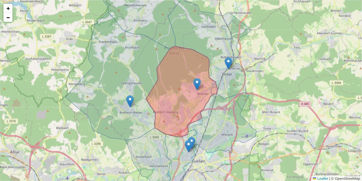 Karte des Postleitzahlen Bereichs  und der umliegenden Postleitzahlen in Deutschland