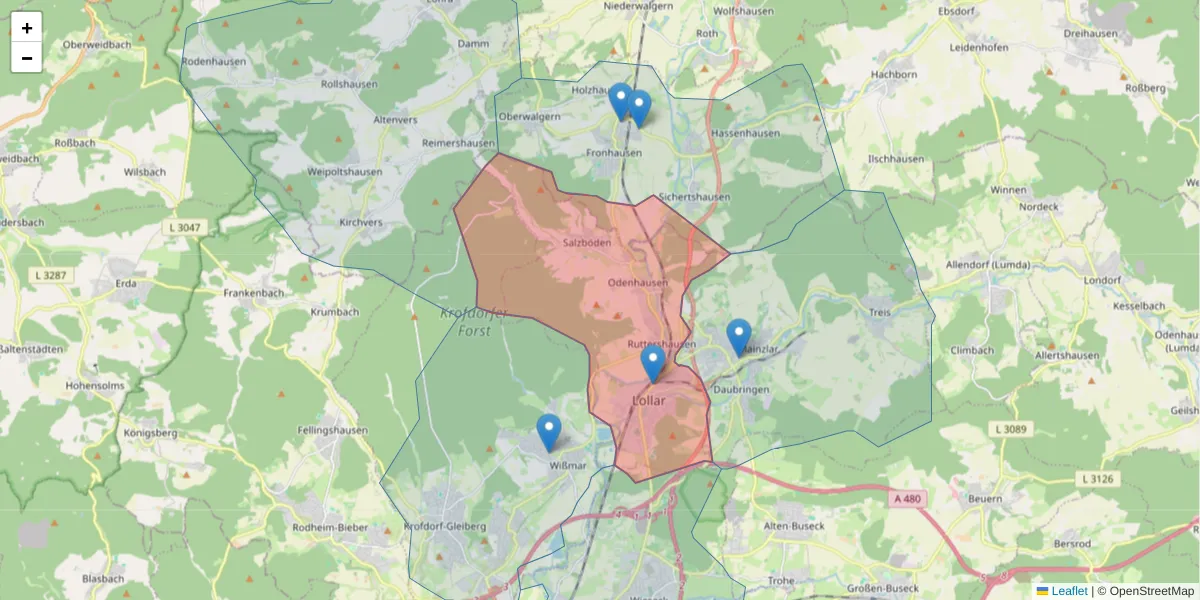 Karte des Postleitzahlen Bereichs  und der umliegenden Postleitzahlen in Deutschland