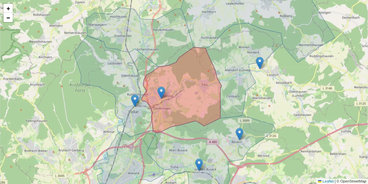 Karte des Postleitzahlen Bereichs  und der umliegenden Postleitzahlen in Deutschland