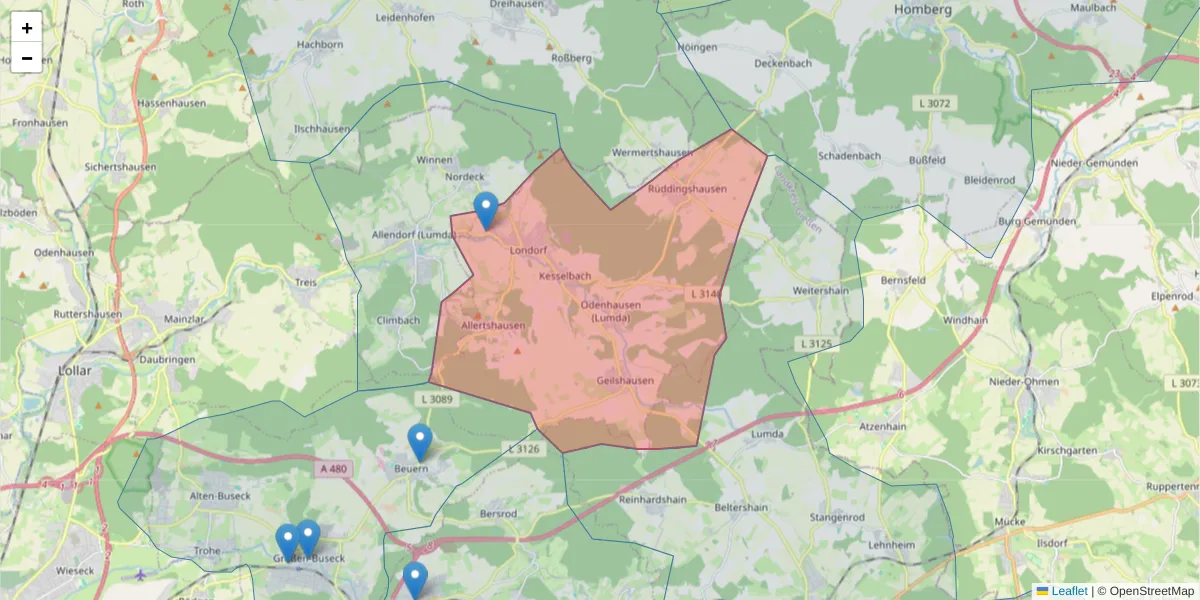 Karte des Postleitzahlen Bereichs  und der umliegenden Postleitzahlen in Deutschland