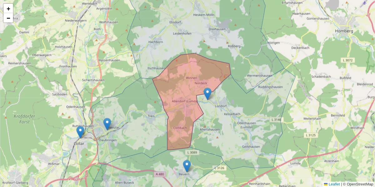 Karte des Postleitzahlen Bereichs  und der umliegenden Postleitzahlen in Deutschland
