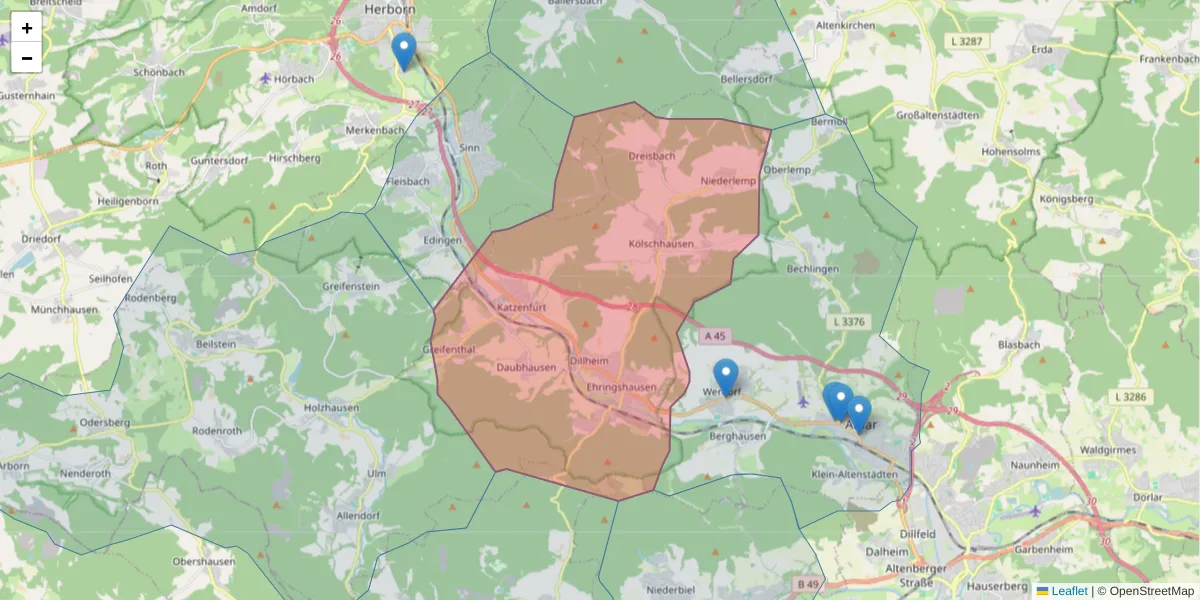 Karte des Postleitzahlen Bereichs  und der umliegenden Postleitzahlen in Deutschland