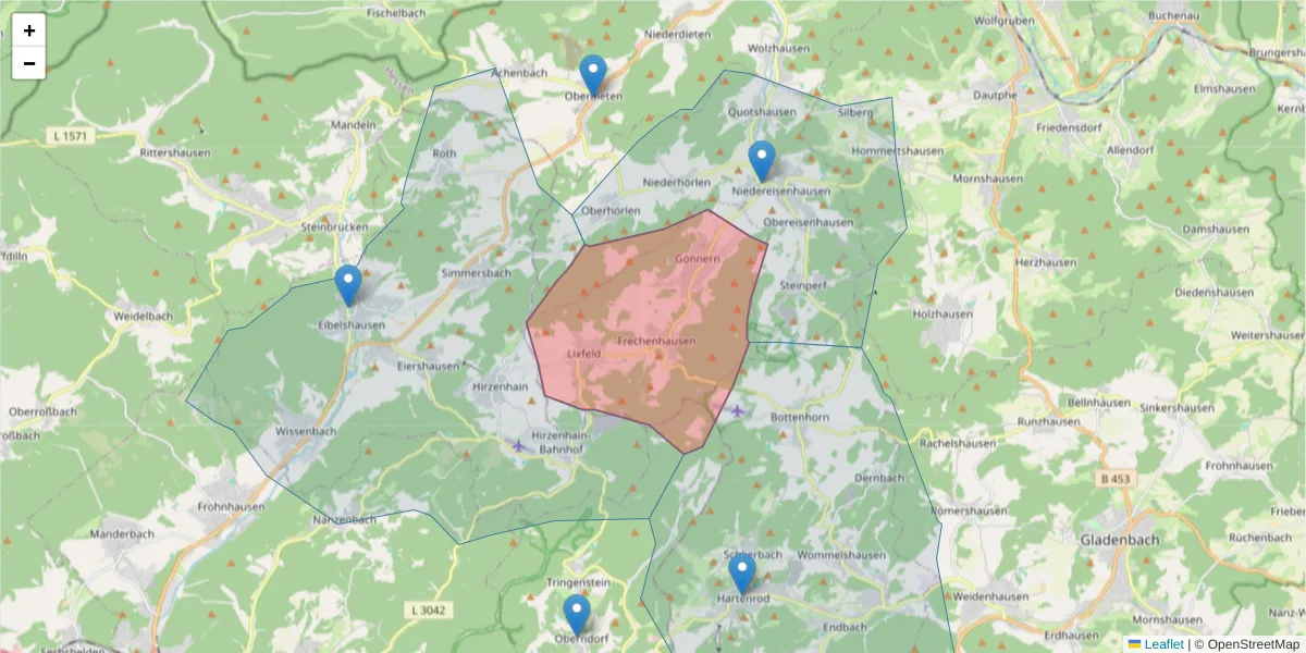 Karte des Postleitzahlen Bereichs  und der umliegenden Postleitzahlen in Deutschland