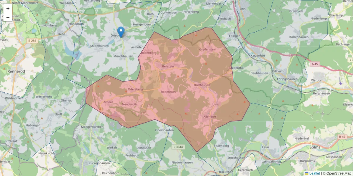 Karte des Postleitzahlen Bereichs  und der umliegenden Postleitzahlen in Deutschland