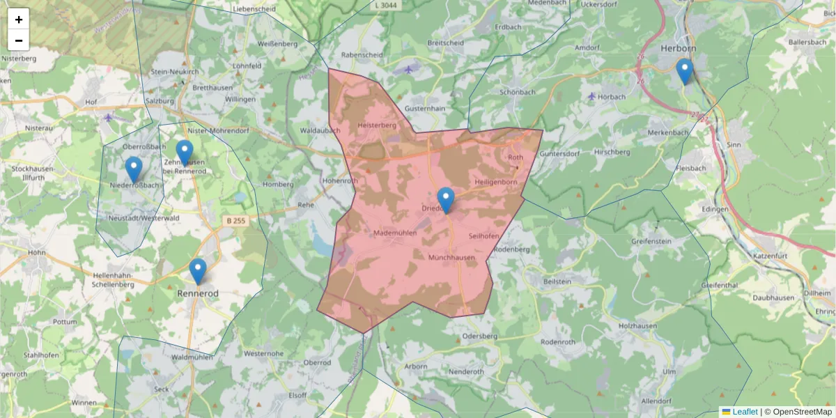 Karte des Postleitzahlen Bereichs  und der umliegenden Postleitzahlen in Deutschland