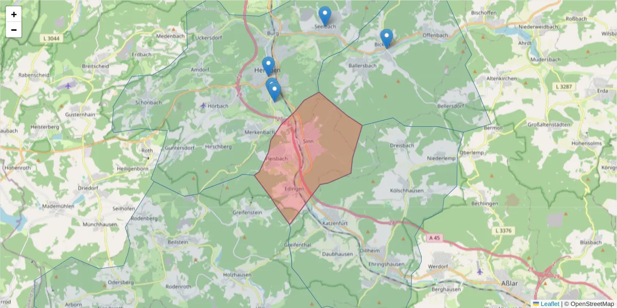 Karte des Postleitzahlen Bereichs  und der umliegenden Postleitzahlen in Deutschland