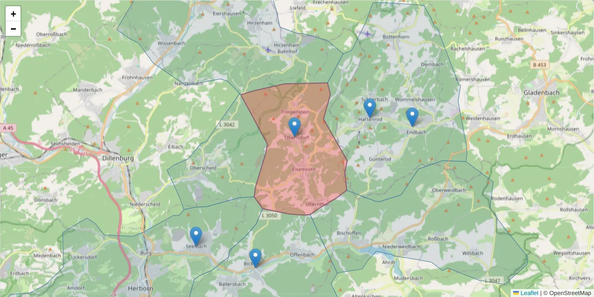 Karte des Postleitzahlen Bereichs  und der umliegenden Postleitzahlen in Deutschland