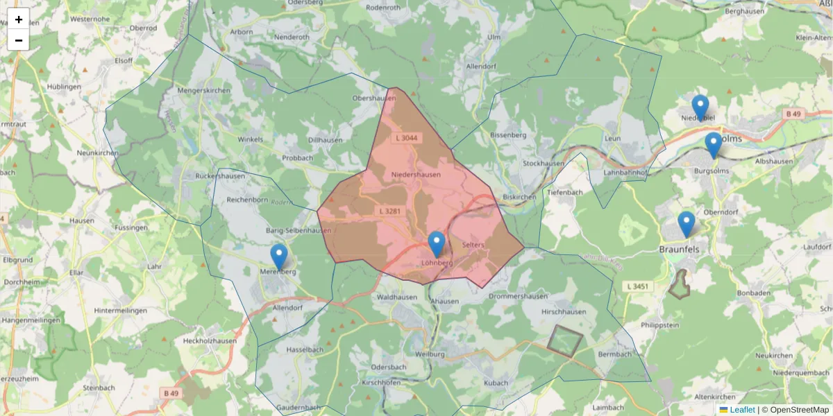 Karte des Postleitzahlen Bereichs  und der umliegenden Postleitzahlen in Deutschland