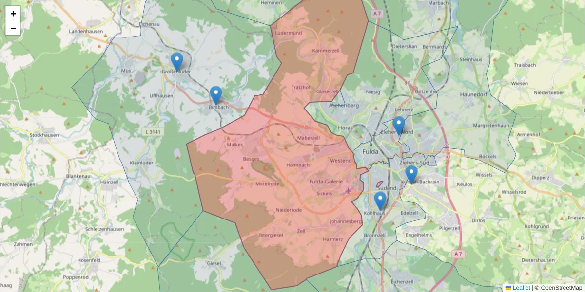 Karte des Postleitzahlen Bereichs  und der umliegenden Postleitzahlen in Deutschland