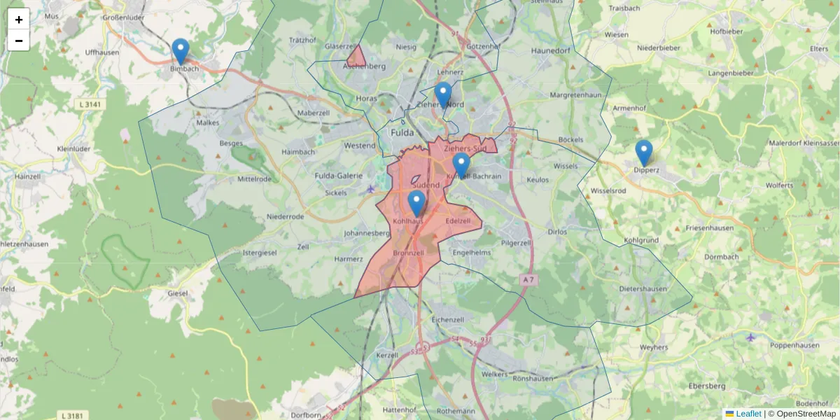 Karte des Postleitzahlen Bereichs  und der umliegenden Postleitzahlen in Deutschland