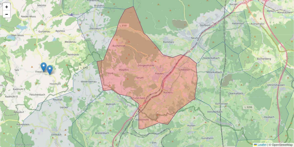 Karte des Postleitzahlen Bereichs  und der umliegenden Postleitzahlen in Deutschland