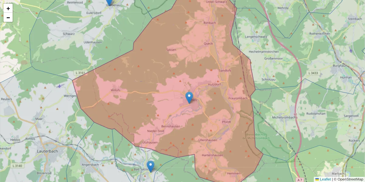Karte des Postleitzahlen Bereichs  und der umliegenden Postleitzahlen in Deutschland