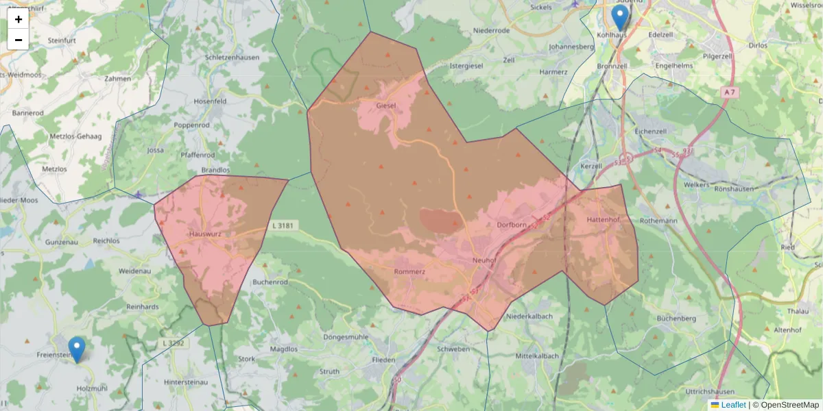 Karte des Postleitzahlen Bereichs  und der umliegenden Postleitzahlen in Deutschland