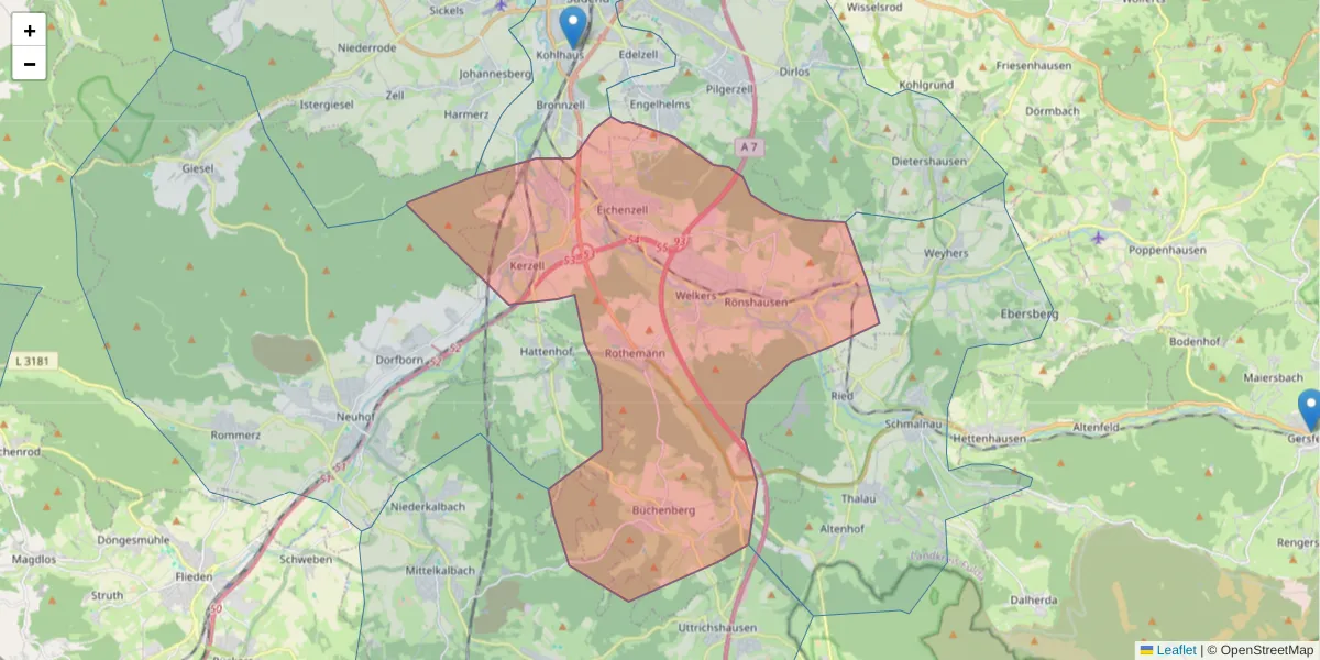 Karte des Postleitzahlen Bereichs  und der umliegenden Postleitzahlen in Deutschland