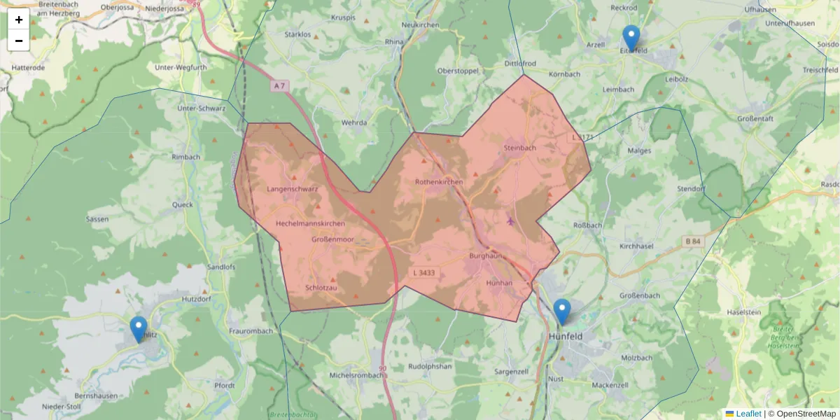 Karte des Postleitzahlen Bereichs  und der umliegenden Postleitzahlen in Deutschland
