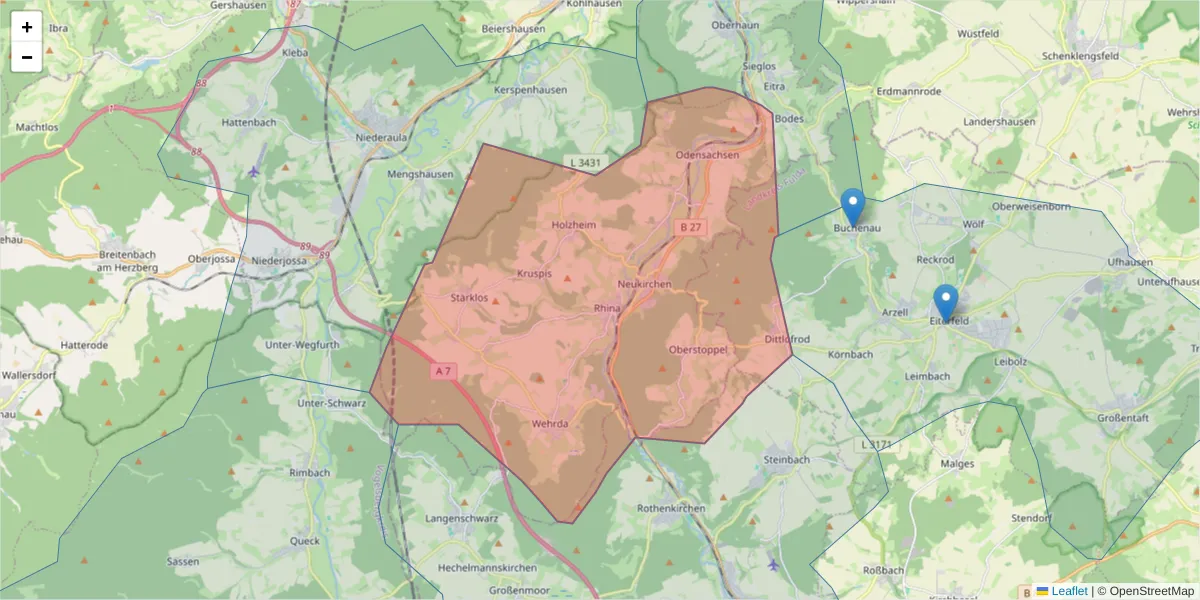 Karte des Postleitzahlen Bereichs  und der umliegenden Postleitzahlen in Deutschland