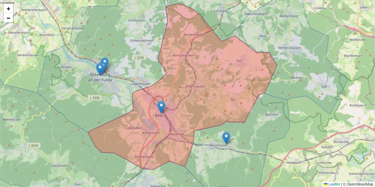 Karte des Postleitzahlen Bereichs  und der umliegenden Postleitzahlen in Deutschland