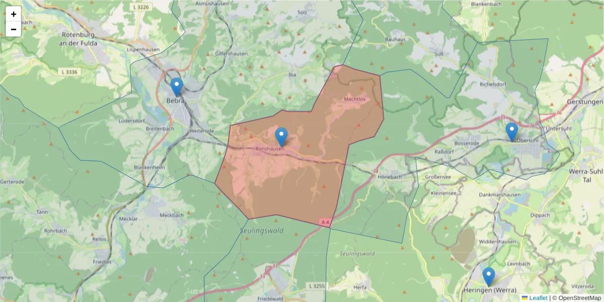 Karte des Postleitzahlen Bereichs  und der umliegenden Postleitzahlen in Deutschland