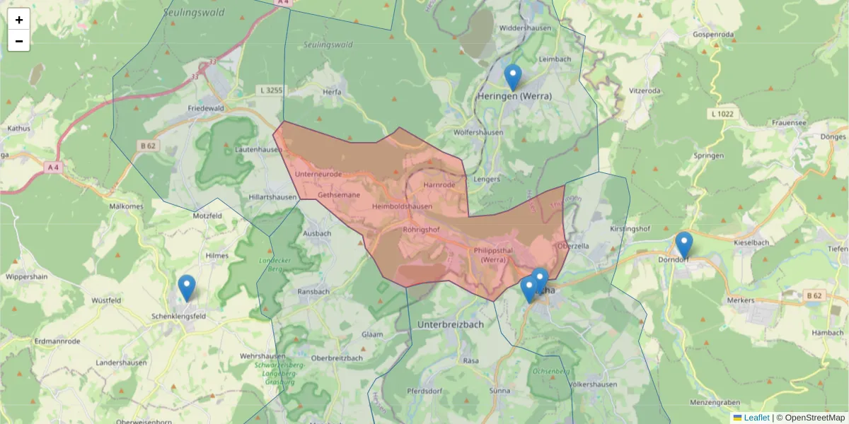 Karte des Postleitzahlen Bereichs  und der umliegenden Postleitzahlen in Deutschland
