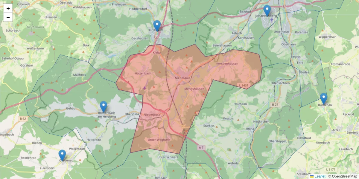 Karte des Postleitzahlen Bereichs  und der umliegenden Postleitzahlen in Deutschland