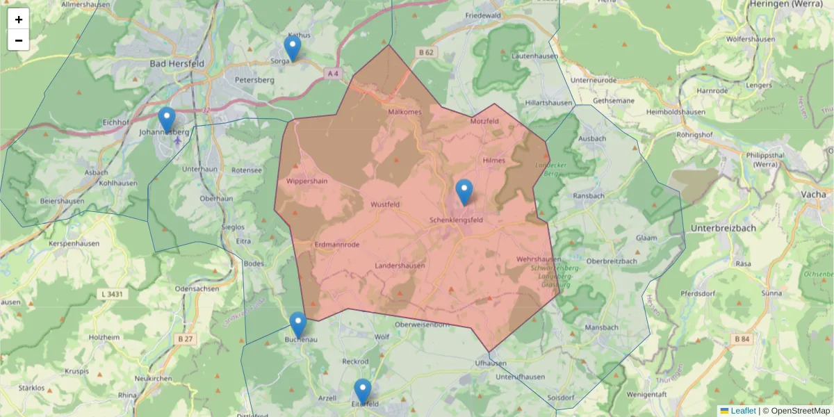Karte des Postleitzahlen Bereichs  und der umliegenden Postleitzahlen in Deutschland
