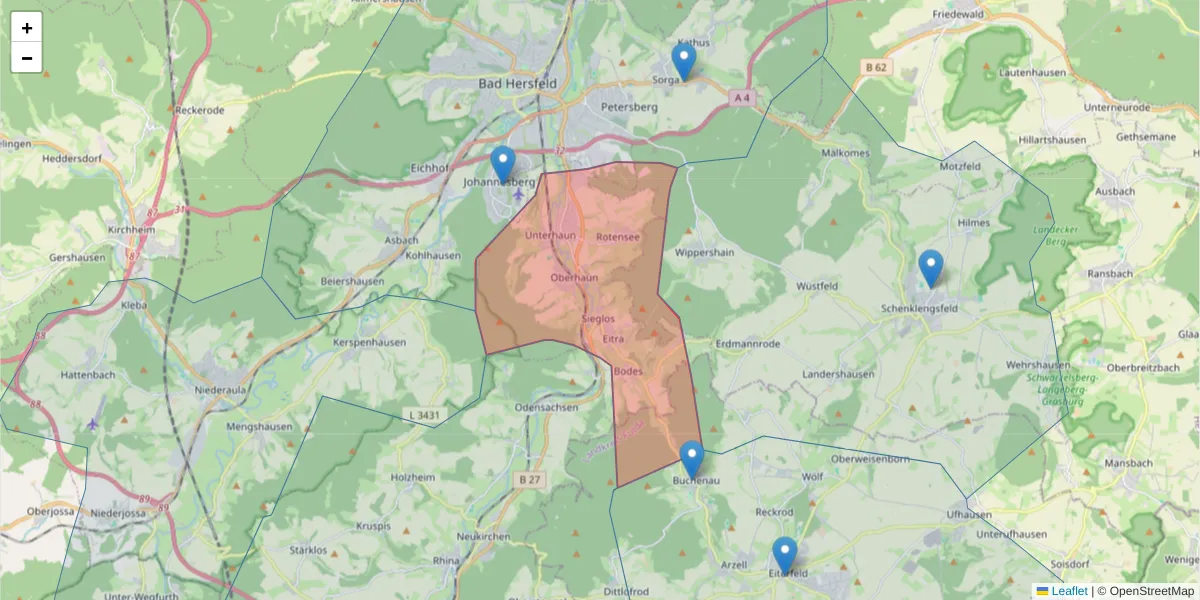Karte des Postleitzahlen Bereichs  und der umliegenden Postleitzahlen in Deutschland