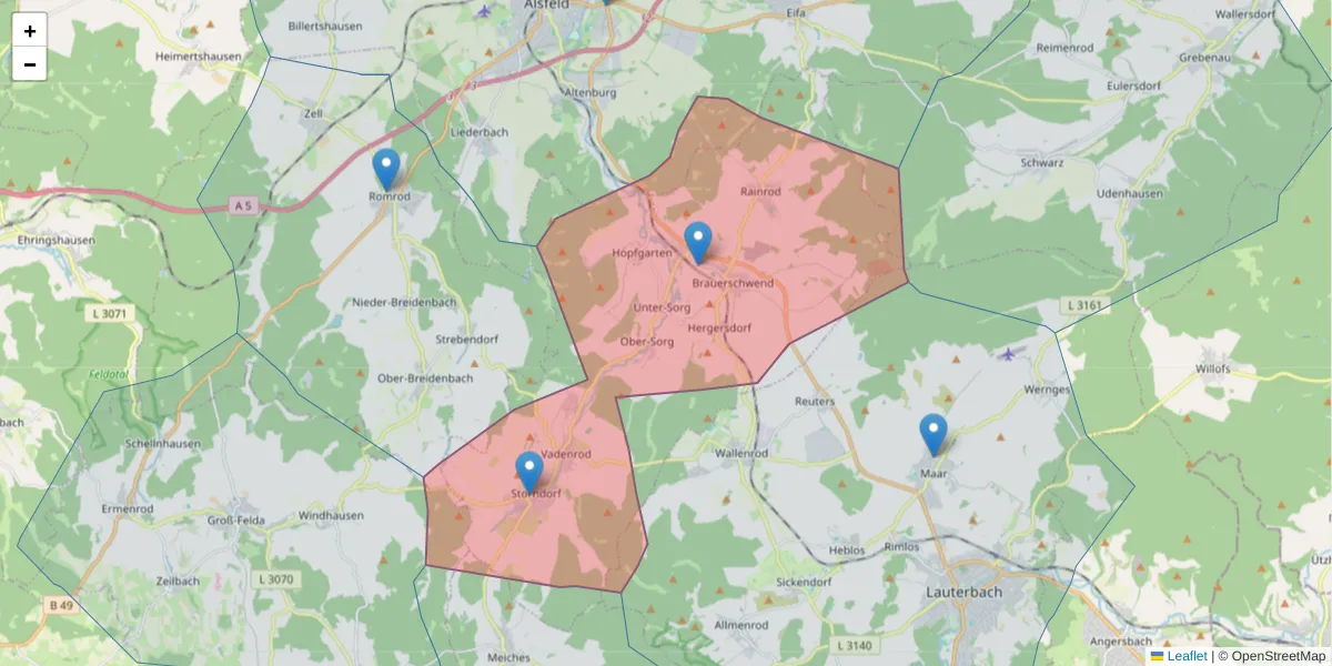 Karte des Postleitzahlen Bereichs  und der umliegenden Postleitzahlen in Deutschland