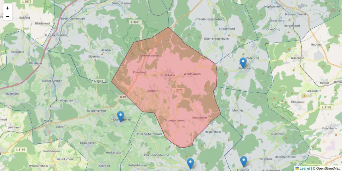 Karte des Postleitzahlen Bereichs  und der umliegenden Postleitzahlen in Deutschland