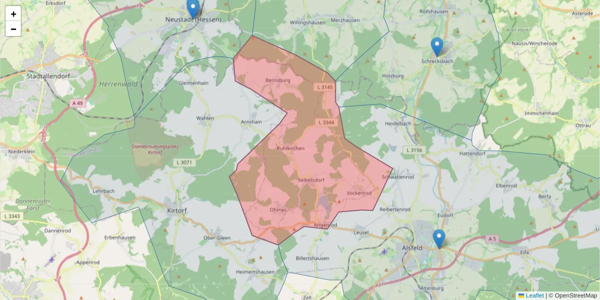 Karte des Postleitzahlen Bereichs  und der umliegenden Postleitzahlen in Deutschland