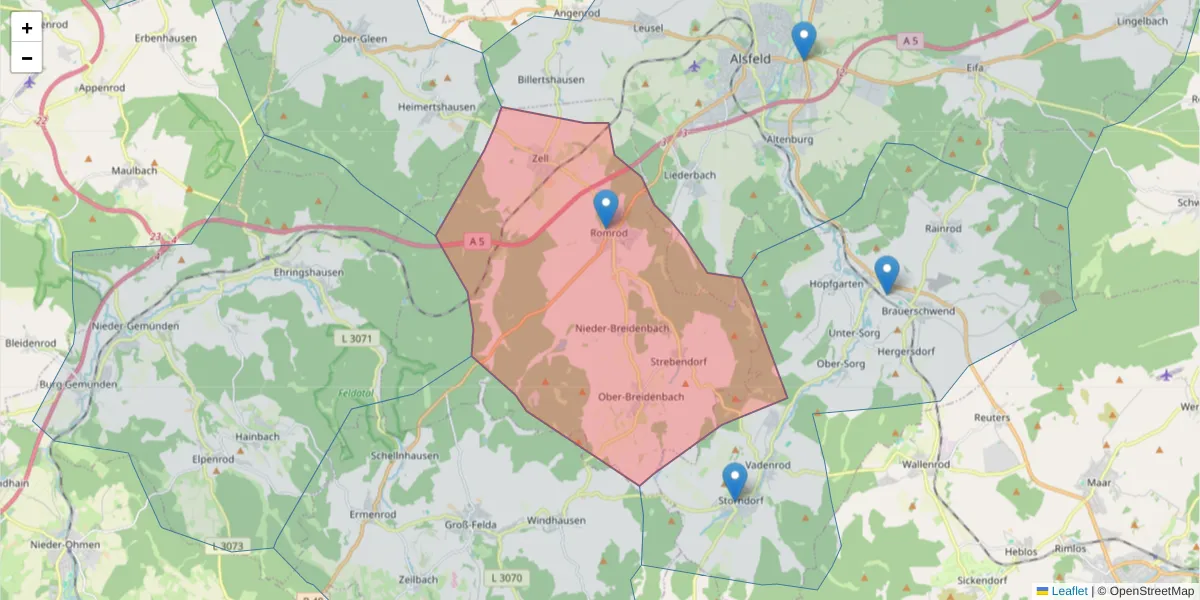 Karte des Postleitzahlen Bereichs  und der umliegenden Postleitzahlen in Deutschland