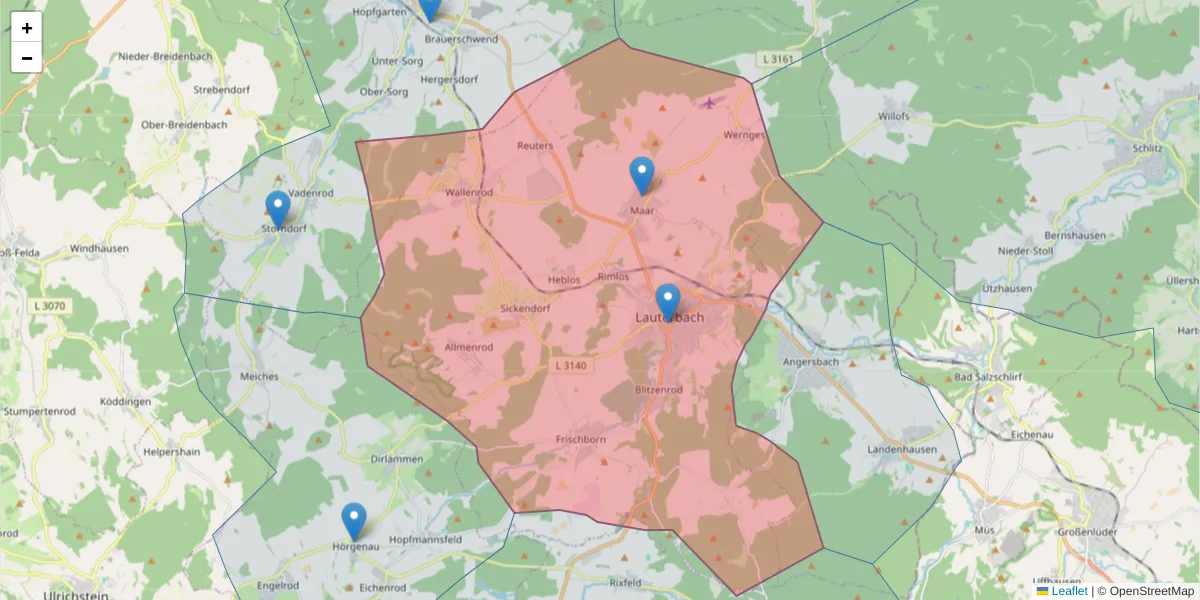 Karte des Postleitzahlen Bereichs  und der umliegenden Postleitzahlen in Deutschland