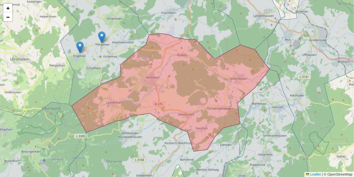 Karte des Postleitzahlen Bereichs  und der umliegenden Postleitzahlen in Deutschland
