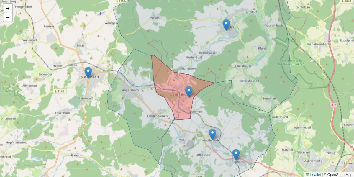 Karte des Postleitzahlen Bereichs  und der umliegenden Postleitzahlen in Deutschland