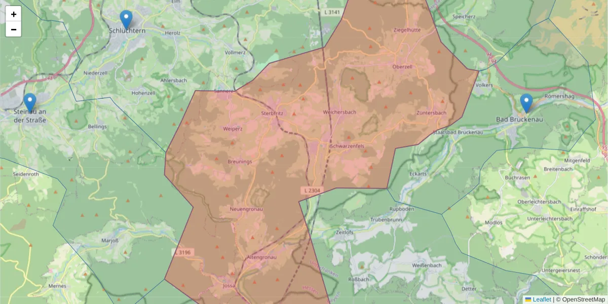 Karte des Postleitzahlen Bereichs  und der umliegenden Postleitzahlen in Deutschland