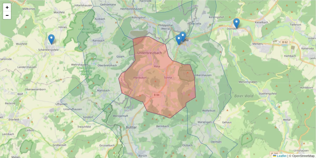Karte des Postleitzahlen Bereichs  und der umliegenden Postleitzahlen in Deutschland