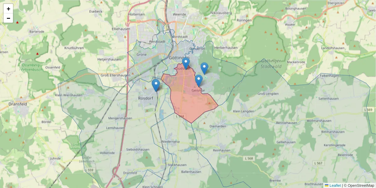 Karte des Postleitzahlen Bereichs  und der umliegenden Postleitzahlen in Deutschland