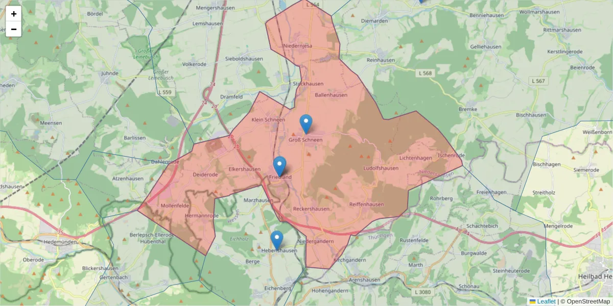 Karte des Postleitzahlen Bereichs  und der umliegenden Postleitzahlen in Deutschland