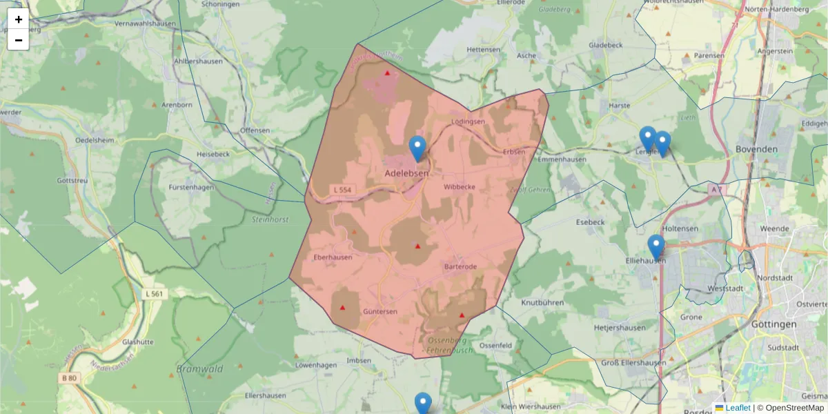Karte des Postleitzahlen Bereichs  und der umliegenden Postleitzahlen in Deutschland