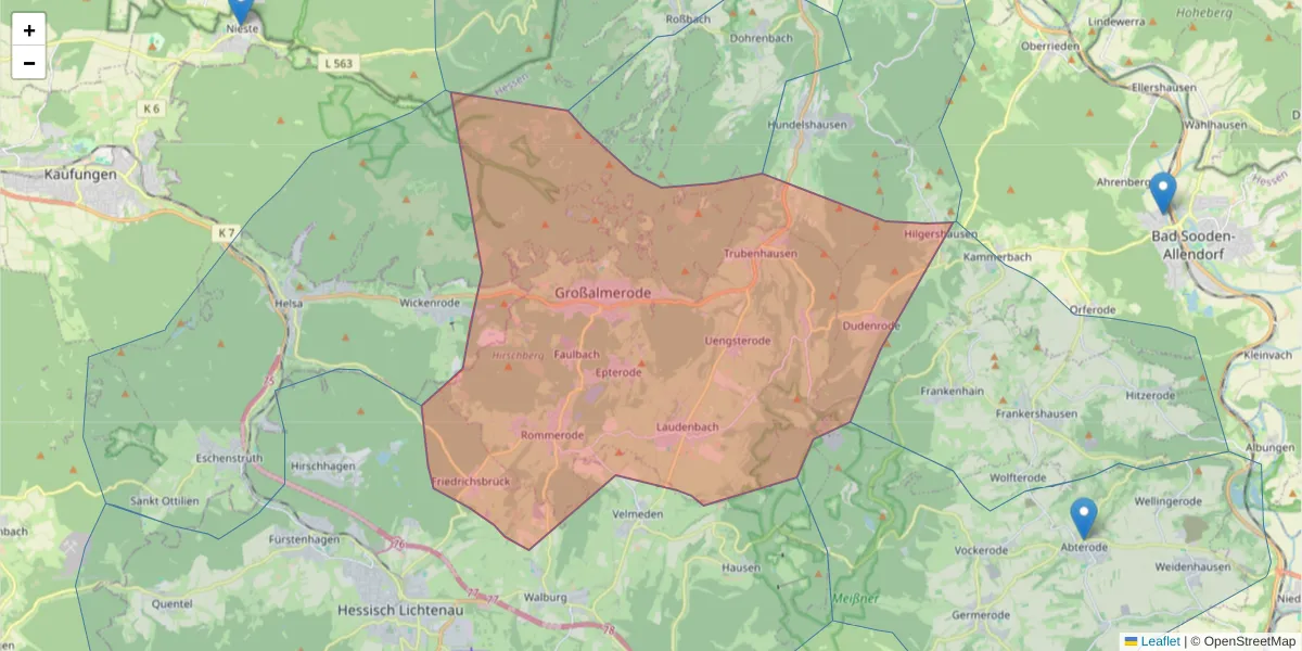 Karte des Postleitzahlen Bereichs  und der umliegenden Postleitzahlen in Deutschland