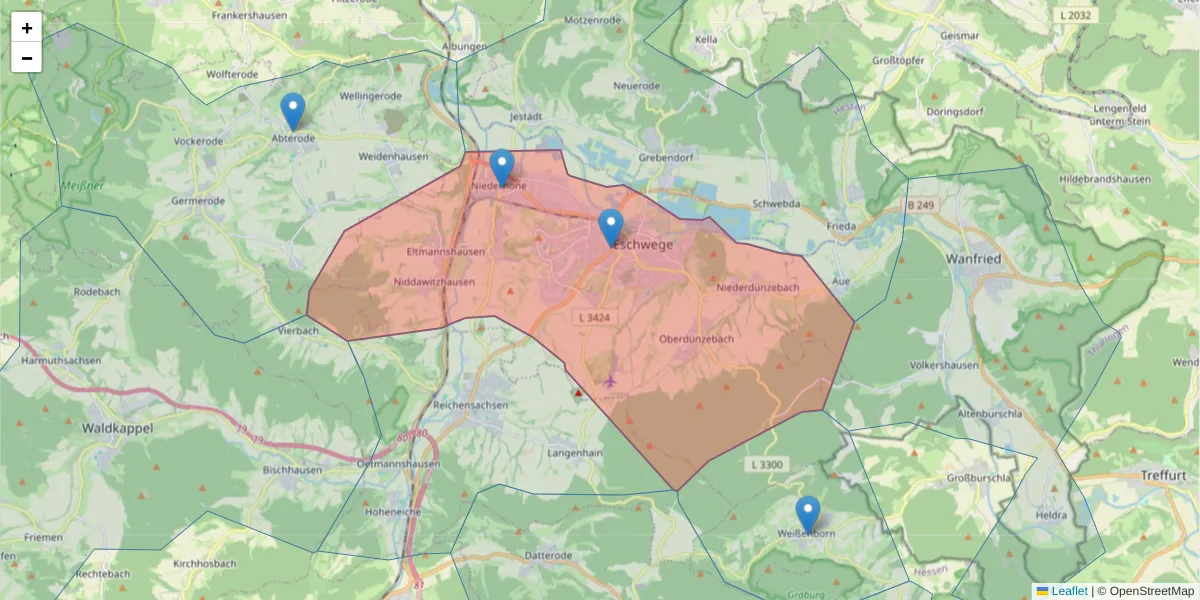 Karte des Postleitzahlen Bereichs  und der umliegenden Postleitzahlen in Deutschland