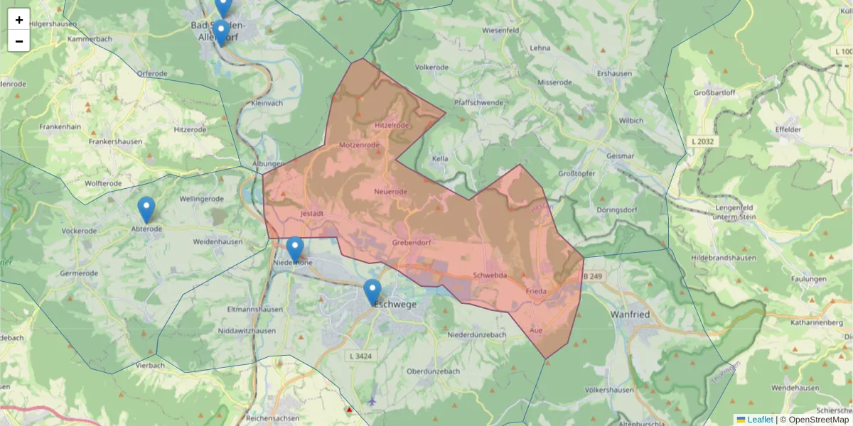Karte des Postleitzahlen Bereichs  und der umliegenden Postleitzahlen in Deutschland