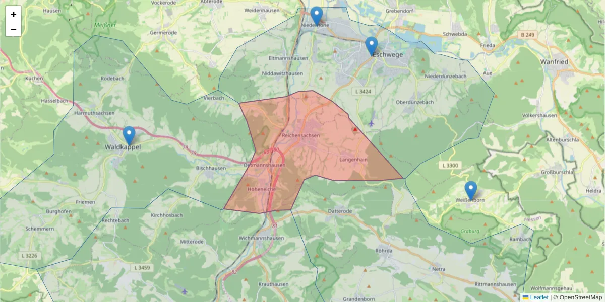 Karte des Postleitzahlen Bereichs  und der umliegenden Postleitzahlen in Deutschland