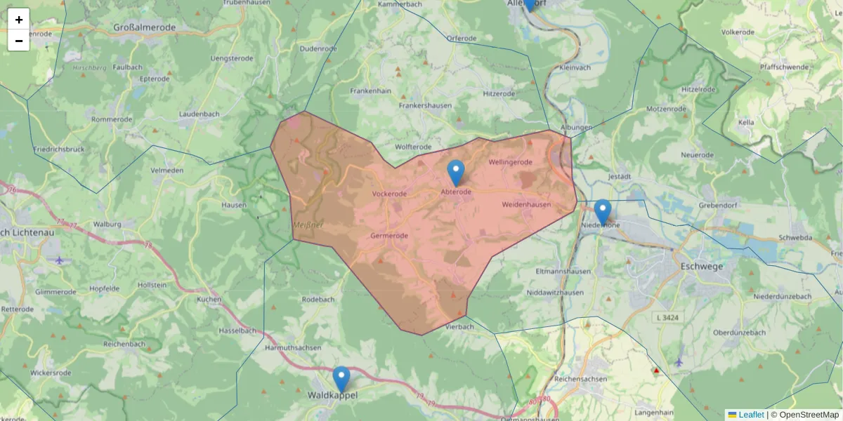 Karte des Postleitzahlen Bereichs  und der umliegenden Postleitzahlen in Deutschland