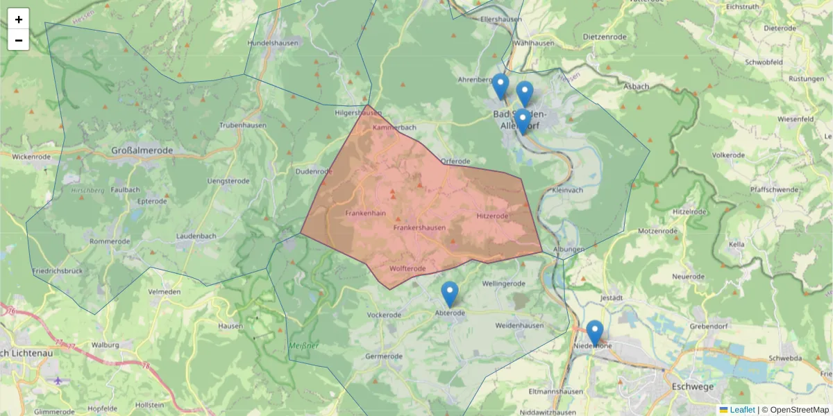 Karte des Postleitzahlen Bereichs  und der umliegenden Postleitzahlen in Deutschland