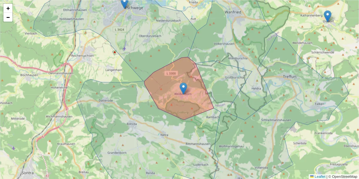 Karte des Postleitzahlen Bereichs  und der umliegenden Postleitzahlen in Deutschland