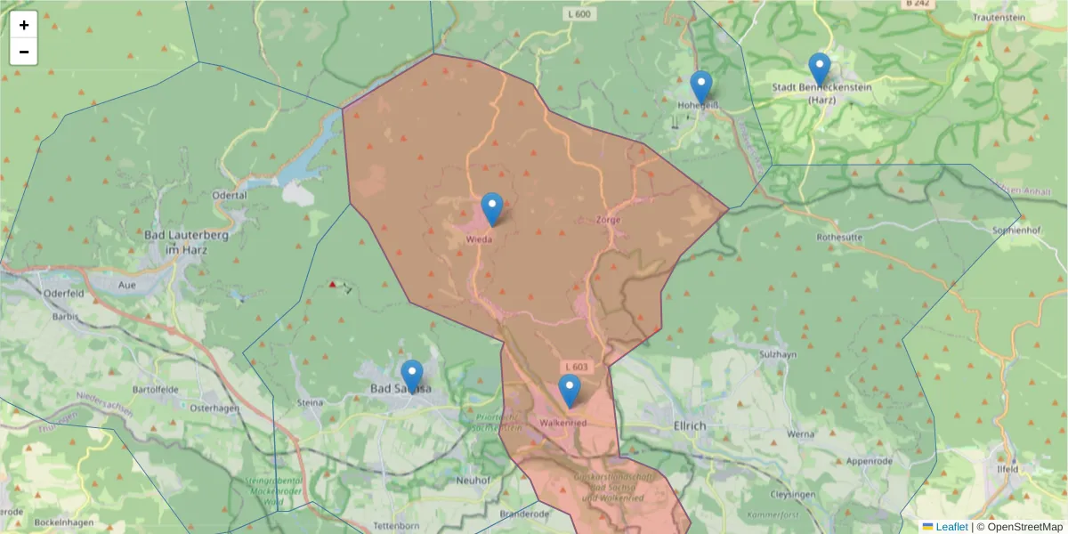 Karte des Postleitzahlen Bereichs  und der umliegenden Postleitzahlen in Deutschland