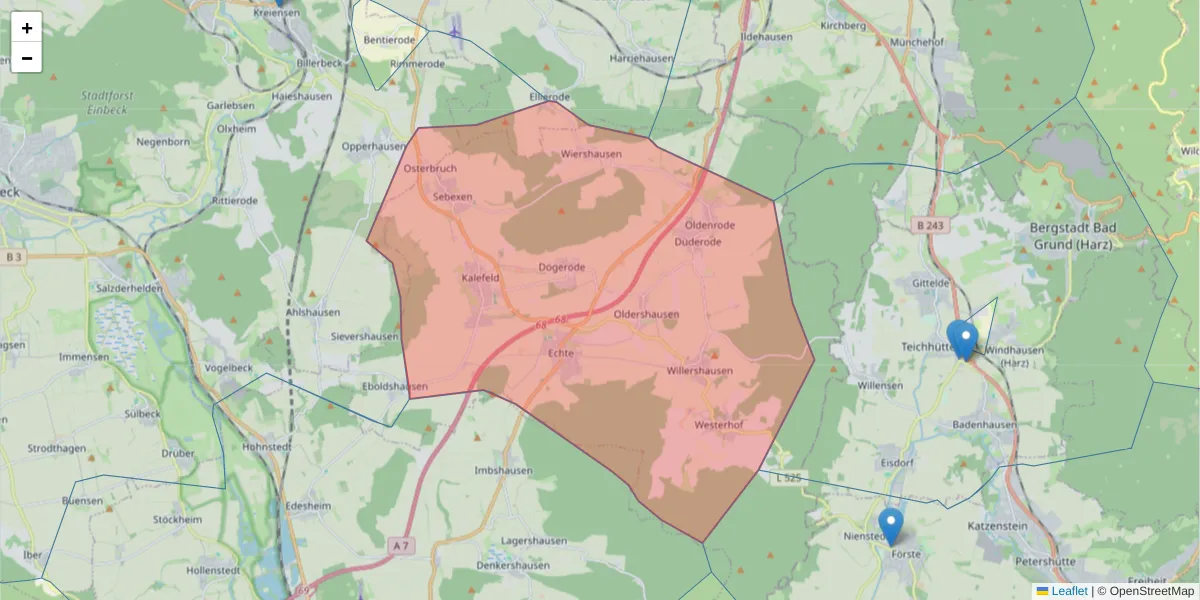 Karte des Postleitzahlen Bereichs  und der umliegenden Postleitzahlen in Deutschland