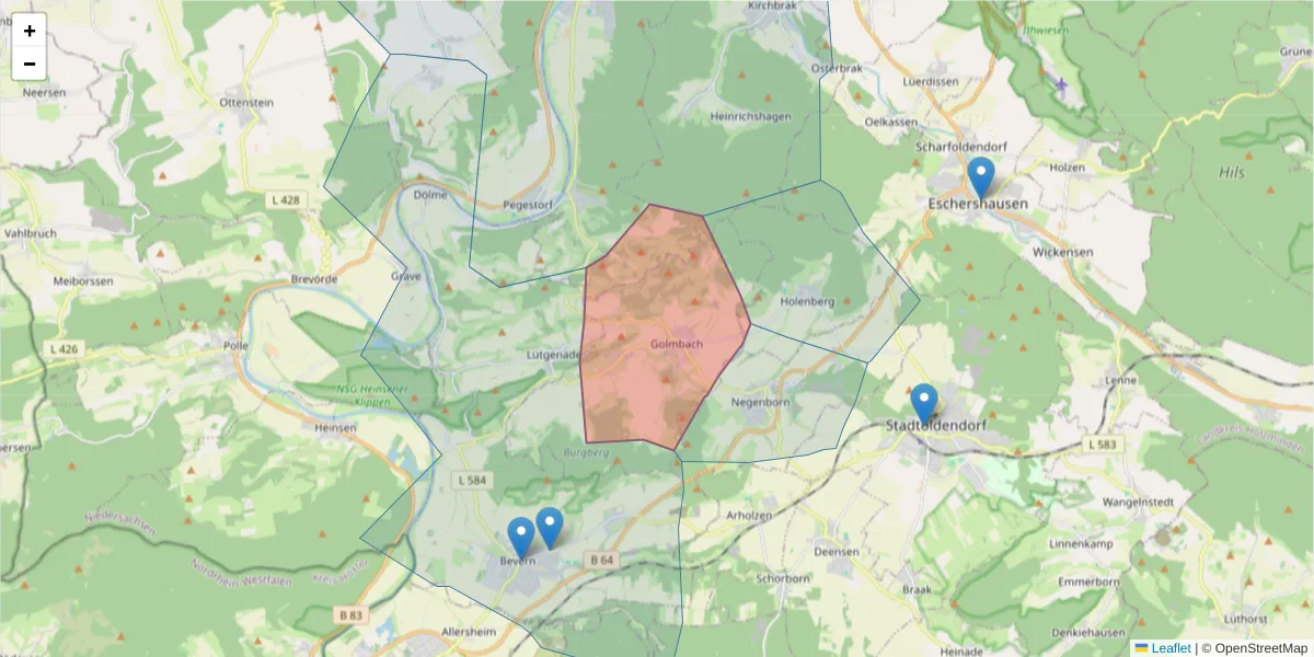 Karte des Postleitzahlen Bereichs  und der umliegenden Postleitzahlen in Deutschland