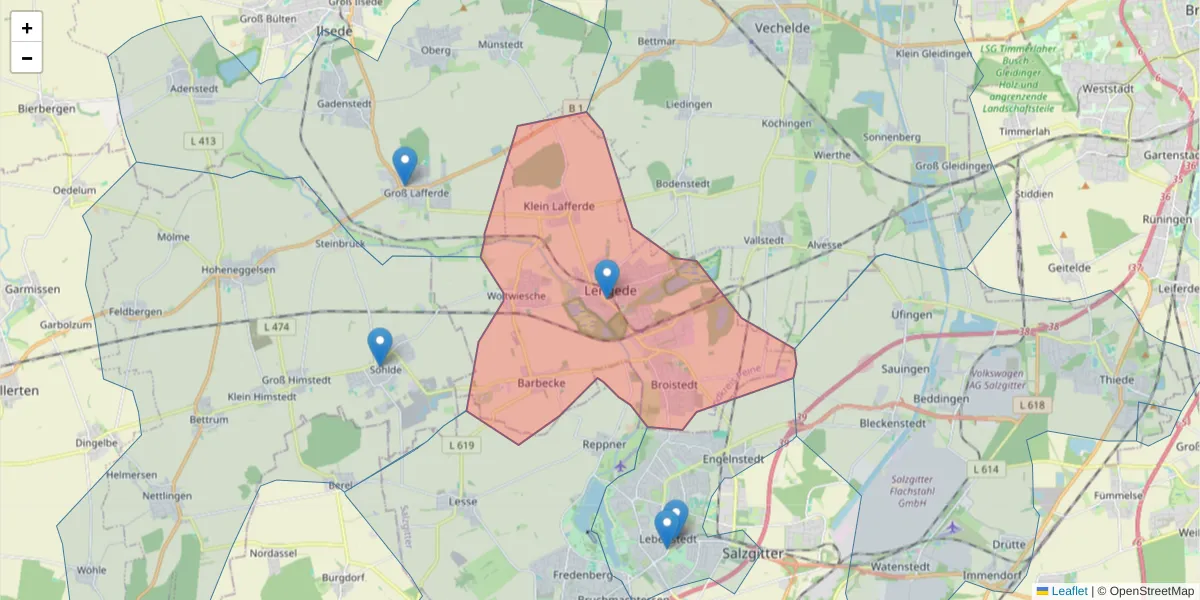 Karte des Postleitzahlen Bereichs  und der umliegenden Postleitzahlen in Deutschland