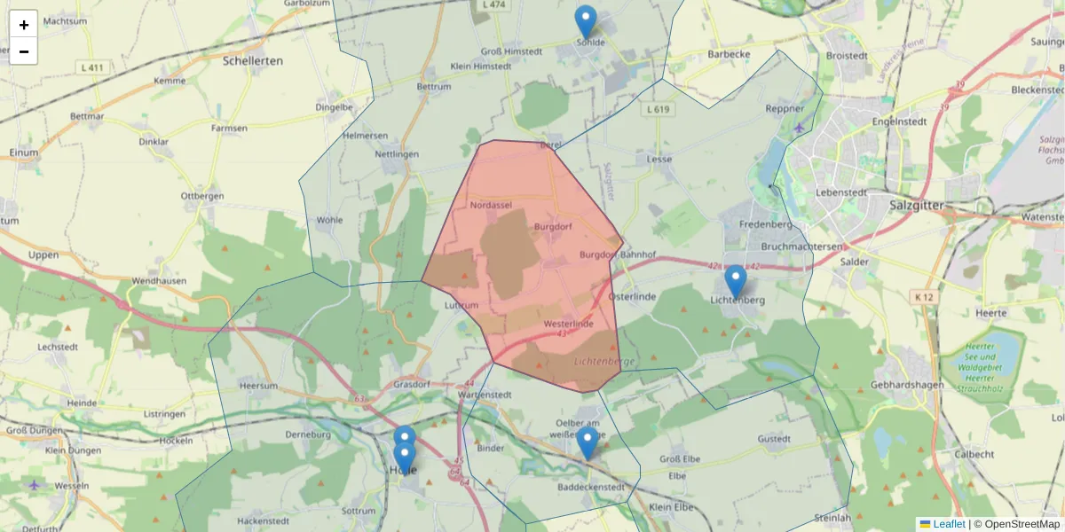 Karte des Postleitzahlen Bereichs  und der umliegenden Postleitzahlen in Deutschland